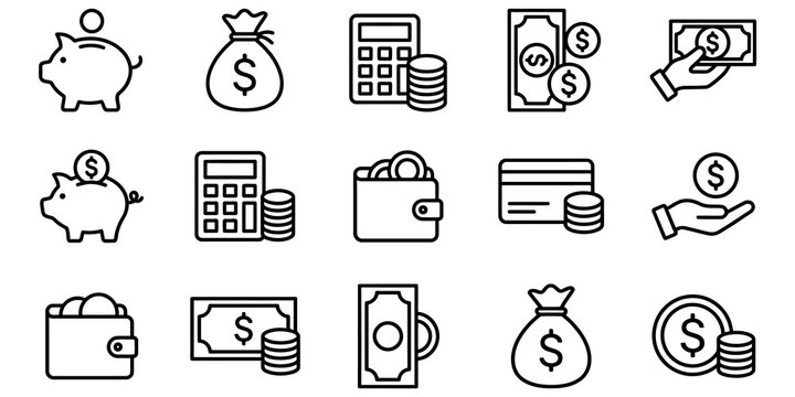Money and banking line art icon set including piggy bank calculator and wallet designs.