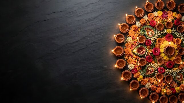 Clay diya lamps and floral rangoli on dark stone for Diwali