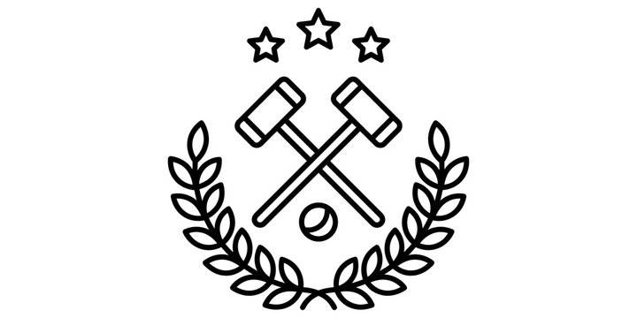 Outline croquet mallets crossed with ball and laurel wreath icon for sport logos.