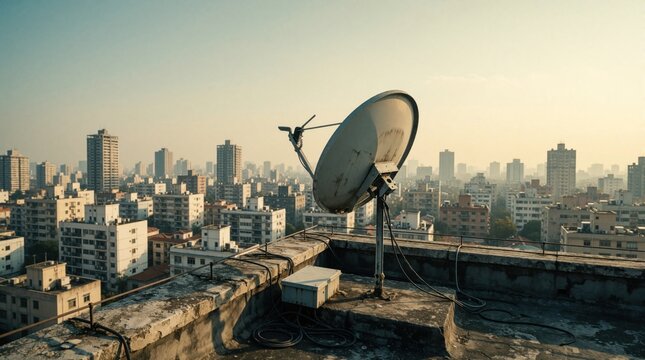 Satellite dish sits on city rooftop with buildings hazy in background. Antennae receive signal amidst urban sprawl. Broadcast equipment points to sky. Overcast day over apartment blocks.