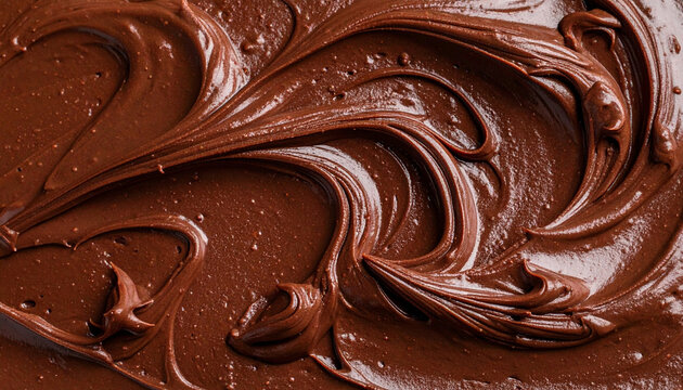 Close up macro shot of smooth melted dark chocolate swirls and rich creamy texture. Perfect food background for confectionery, bakery, dessert recipes, and gourmet cocoa marketing concepts.