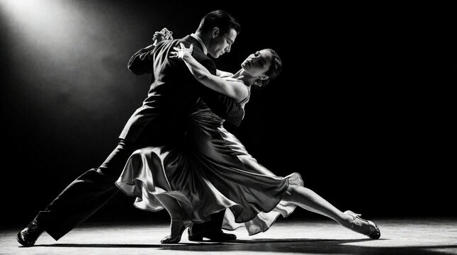 Man and woman perform tango dance, black and white stage lighting. Couple moves with passion and drama, elegant motion, skillful partnership, emotional connection, artistic expression.