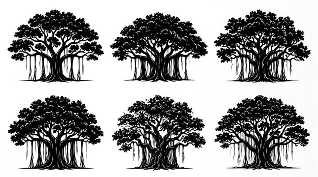Set of black banyan tree silhouettes with hanging aerial roots on white background