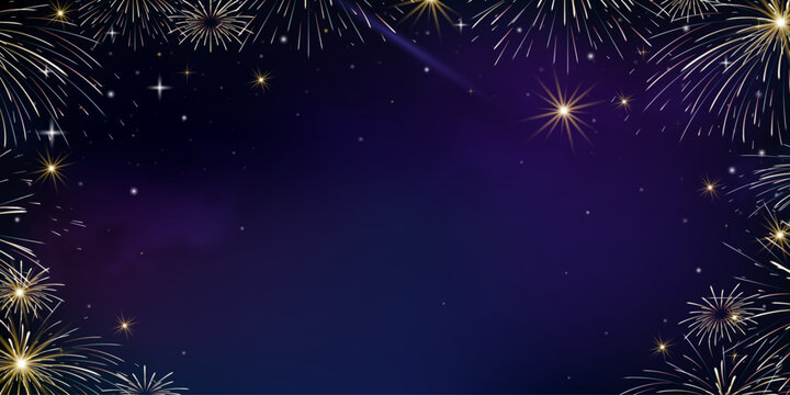 Winter Night Sky, New Year and Christmas fireworks frame with golden stars on dark blue background, festive holiday celebration with copy space for greeting card, party banner and seasonal event