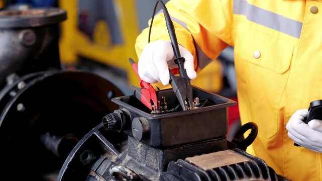 Professional engineer inspecting electric motor equipment busy industry factory, checking voltage with multimeter for repair tasks, focused technical