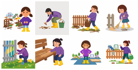 Fototapeta premium Vector illustration showing a girl volunteering to clean and repair a broken playground, documenting the process of a community service project from start to finish.