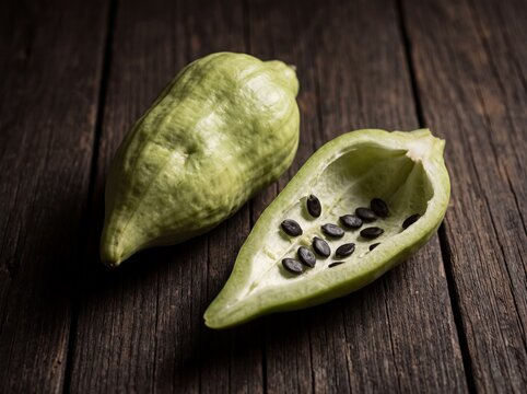 A caigua gourd beside one split lengthwise showing its hollow cavity and flat black seeds