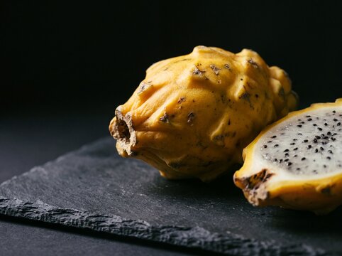Yellow pitahaya standing on dark slate beside one cut lengthwise showing seeded white flesh