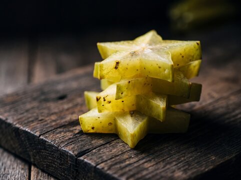 Starfruit cut into thick slices showing their five pointed star shape