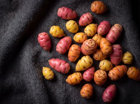 Oca tubers in shocking pink, yellow and orange spread on coarse dark cloth