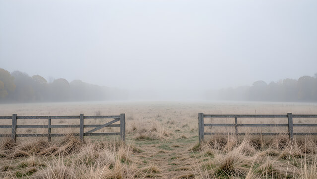 Fog softened meadow with a small wooden fence opening