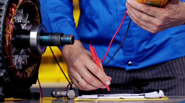 Professional industry factory engineer focused on testing motor performance with precision meter, writing data report notes, diligent joyful intent