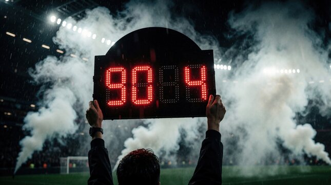 Fourth official holds red LED substitution board showing ninety plus four minutes. Rainy night soccer match in foggy stadium with smoke, flares. Intense football game drama during extra time at