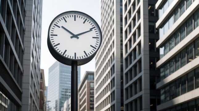 Large round public clock stands in urban city center. Modern skyscrapers, business buildings form street canyon background with bokeh effect. Concept of time management, daily commute, schedule,