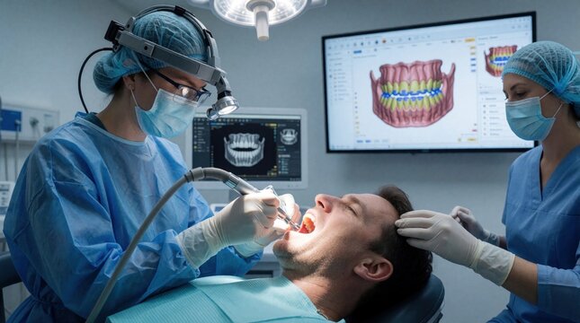 Dentist performs computer guided dental implant surgery on male patient in clinic. Female surgeon uses digital planning software, 3d model on monitor. Modern dentistry tech helps tooth replacement