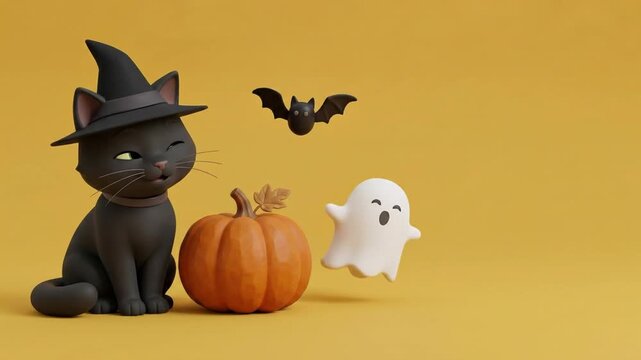escena graciosa para ni&ntilde;os, de halloween con fondo amarillo de estudio y personajes de dibujos animados, gato negro con sombrero de brujo, calabaza con hoja de oto&ntilde;o, fantasma y murcielago