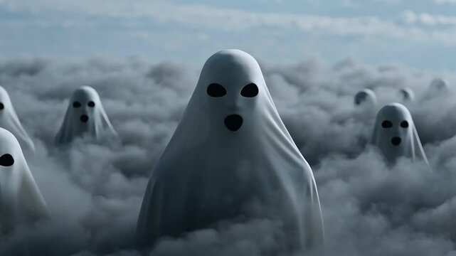 Mysterious hooded ghosts standing in thick dark foggy haze under dramatic overcast sky