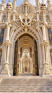 Surreal gothic interiors transform human bones and skulls into monumental staircases, furniture, arches, and thrones.