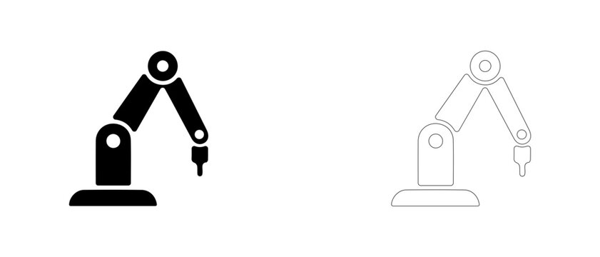 Industrial robotic arm manipulator vector icon filled and outline, automated plant equipment and maintenance robot symbol.