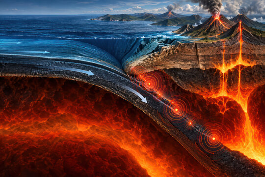Tectonic Plate Subduction Zone Causing Earthquakes, Volcanoes and Tsunami
