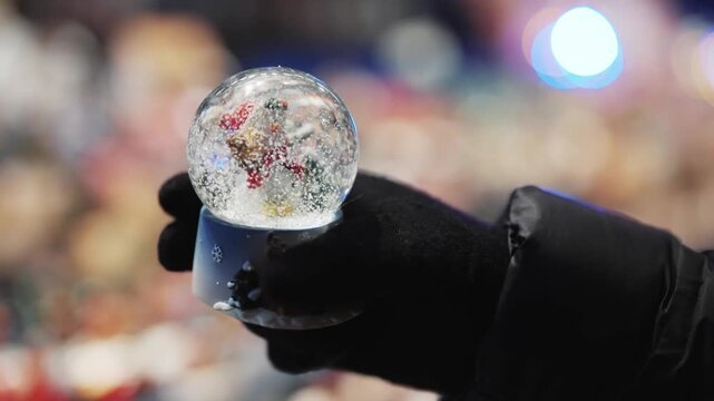 Hand Holding Snow Globe at Festive Christmas Market in Berlin