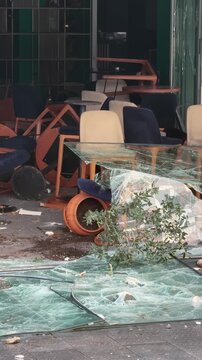 Demolished Protest Shop Window: Destruction in a Coffee Bar After Demonstration