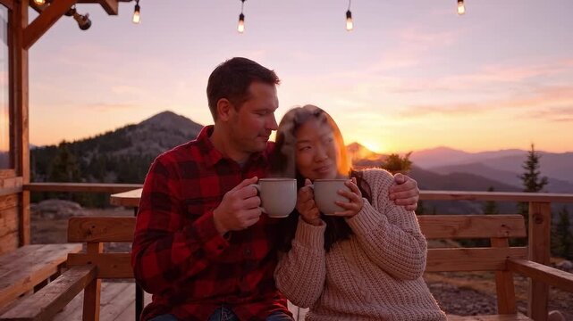 A young Asian woman and Caucasian man drink hot beverages on a cabin deck during a scenic mountain sunset.
