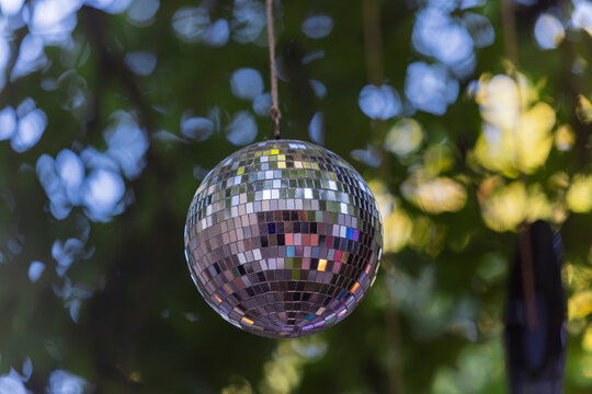 A mirror ball fills the frame against darker foliage, blue sky breaking through as bokeh while each facet picks up a different colour.