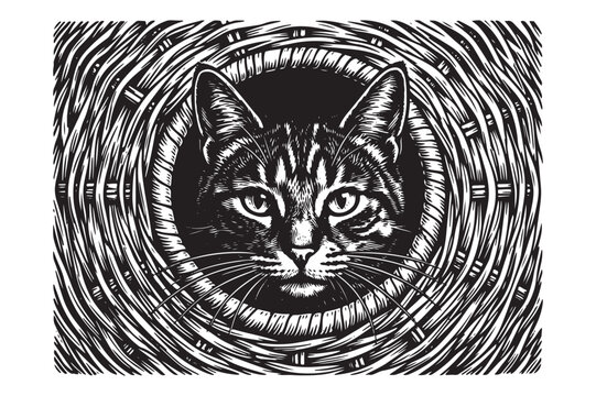 Cat head peering through a circular tunnel with woven texture whiskers engraving