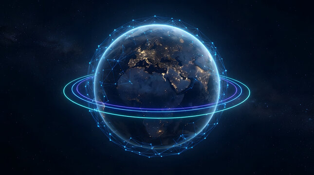 A realistic globe is encircled by glowing blue orbital lines and a network of interconnected nodes earth world planet geosphere