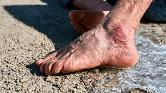 Swollen injured ankle on bare foot beside shallow water showing redness, skin texture, sand, and bright natural sunlight in close medical detail view