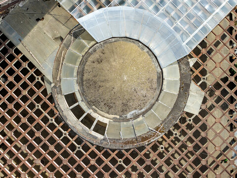 Aerial view of the deteriorated roof structure of Bezistan in central Belgrade, Serbia.