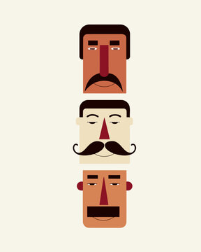 Three mustache male faces stacked vertically supporting movember mens health month flat illustration for prostate cancer awareness and mental health support campaign
