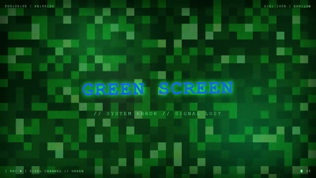 Digital Glitch Background with Green Pixelated Screen and System Error Signal Lost Text