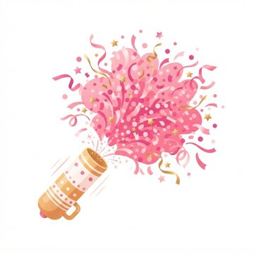 A pink confetti cannon explodes during a gender reveal party, filling the air with colorful confetti and celebrating a new baby on the way