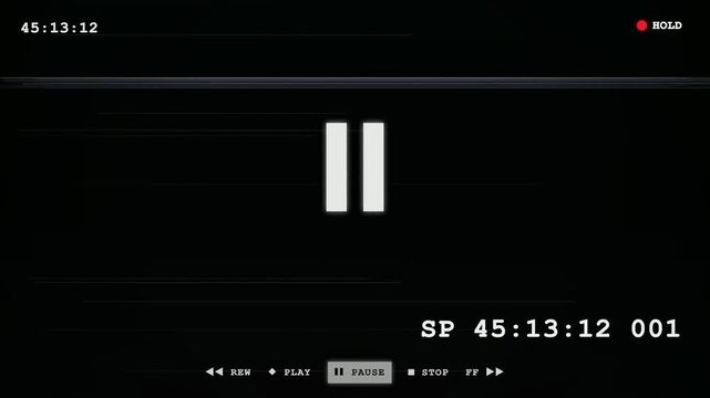 Vintage VHS Pause Screen with Glitch Effects and Digital Timecode on Black Background