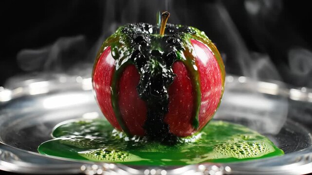 Poisoned apple rotting and melting from green acid liquid pouring on silver tray. Fairytale witch potion atmosphere for Halloween, spooky horror concept of danger, hazard and transformation