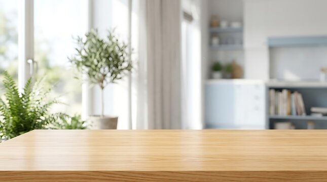 Empty wooden tabletop mockup with blurred modern kitchen interior background for product presentation and web banner.