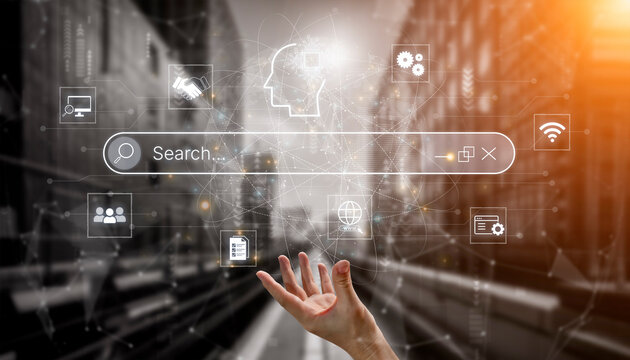 Artificial intelligence AI search concept enabling smarter discovery, recommendations to digital services and knowledge. Generative AI search engine algorithm provide user intent result. Corpus