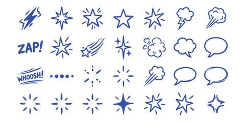 Fototapeta premium Comic book doodle set with speech bubbles, sparkles, stars, and sound effects icons