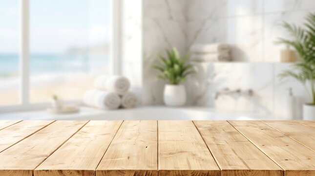 Empty wooden table surface mockup in bright sunny bathroom interior with tropical sea view for product display layout.