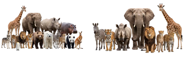 Large group of wild animals standing together isolated on white background, mega collection of wildlife including giraffe elephant rhino hippo lion tiger bear panda zebra cheetah kangaroo wolf monkey  © fip3