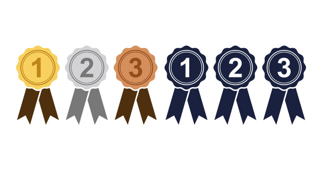 Ribbon badges vector set with gold, silver, bronze, and dark medals showing first, second, and third place rankings