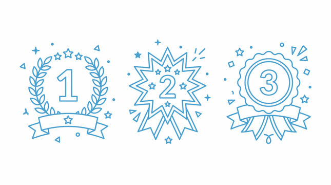 Award icons vector set with first, second, and third place medals and ribbons in blue outline style