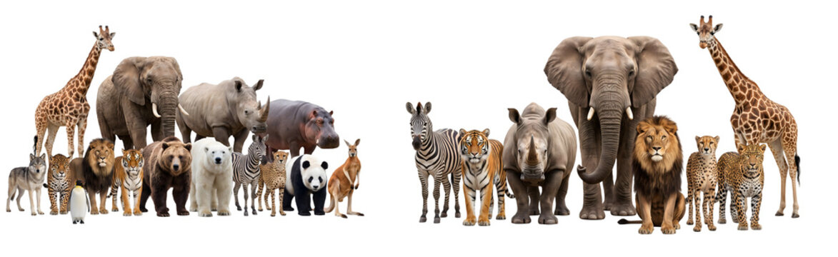 Large group of wild animals standing together isolated on white background, mega collection of wildlife including giraffe elephant rhino hippo lion tiger bear panda zebra cheetah kangaroo wolf monkey 