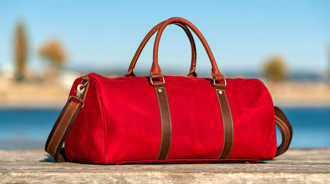 A man carries a large black and brown leather duffel bag outdoors while holding a hat, suggesting travel, vacation, and a weekend getaway