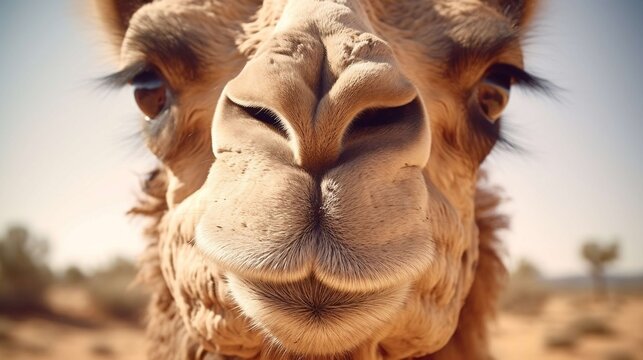 Camel face close up with funny expression, dromedary portrait in desert landscape, brown camel head macro photography, wildlife animal in arid environment