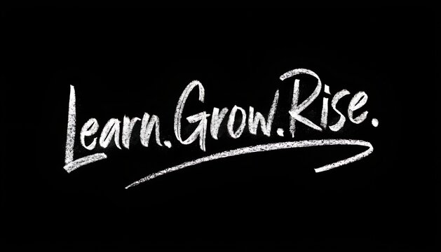 White chalk textured lettering reading learn grow rise written on a dark black background surface with textured appearance spelling against solid black inspirational
