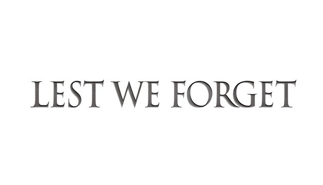 The phrase lest we forget written in a sophisticated engraved font style on white background with engraved serif typeface typeface against plain dark grey engraved