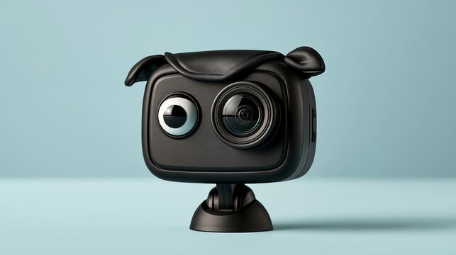 Funny car accessory photo: a dashboard camera watching the road with a shocked expression, set on a soft pastel blue background with ample copy space.